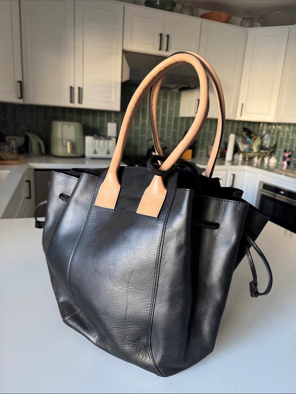 Valentina Fiore Black Leather Tote with Tan Handles and attached black clutch